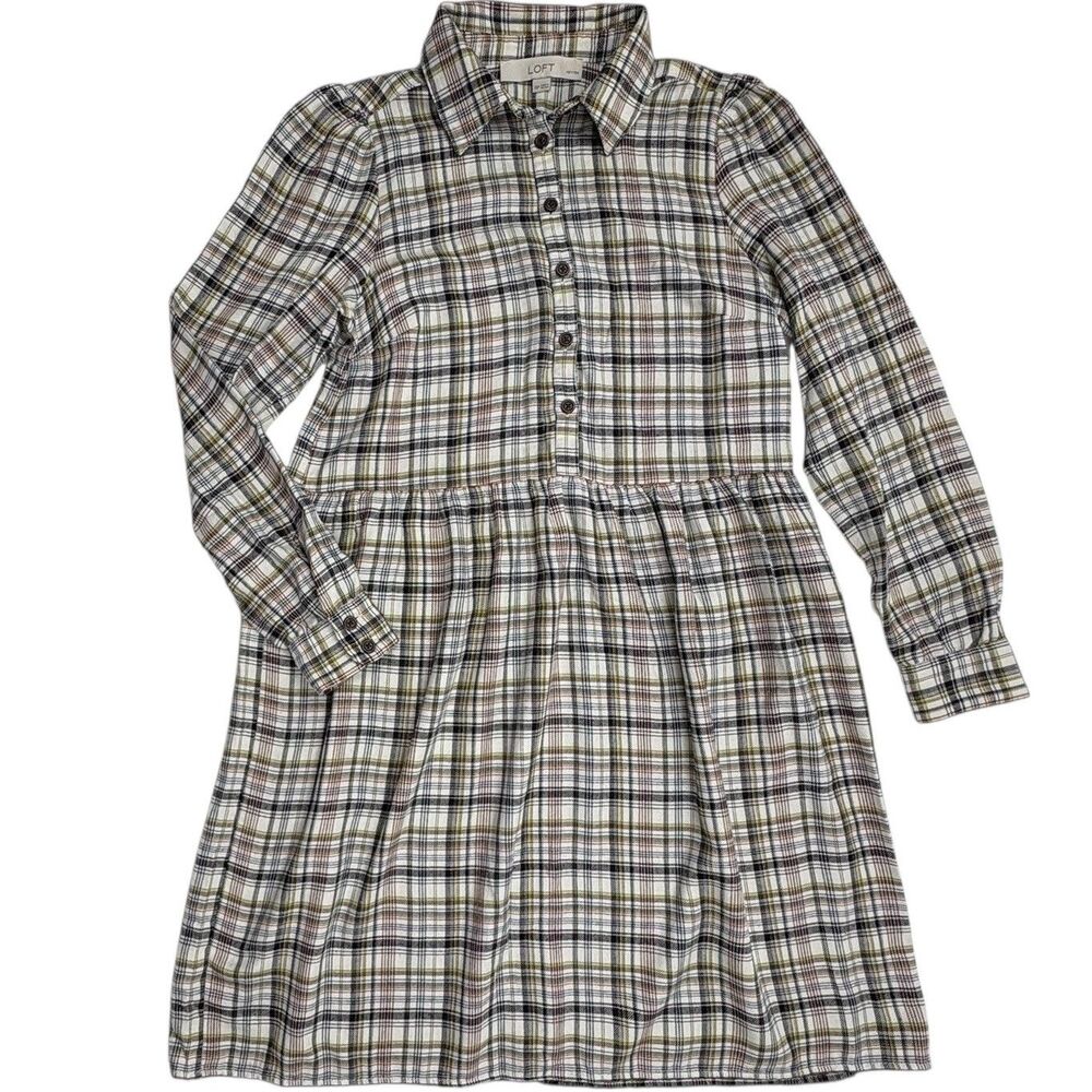 LOFT Petites Plaid Flannel Shirt Dress Viscose Blend Button Front Fall Cozy XSP